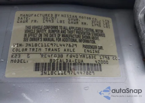 2007 Nissan Versa 1.8S from USA, damaged, VIN 3N1BC11E97L447829